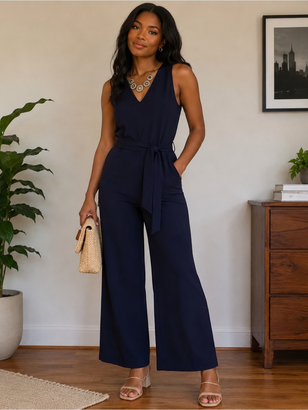 Navy Blue Boot Cut Jumpsuit with Waist Tie and Side Pockets